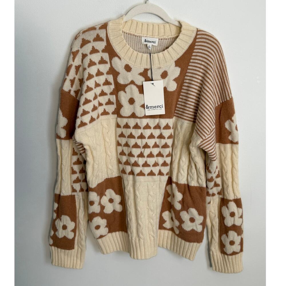 &Merci Cable Knit Block Floral sweater NWT size large